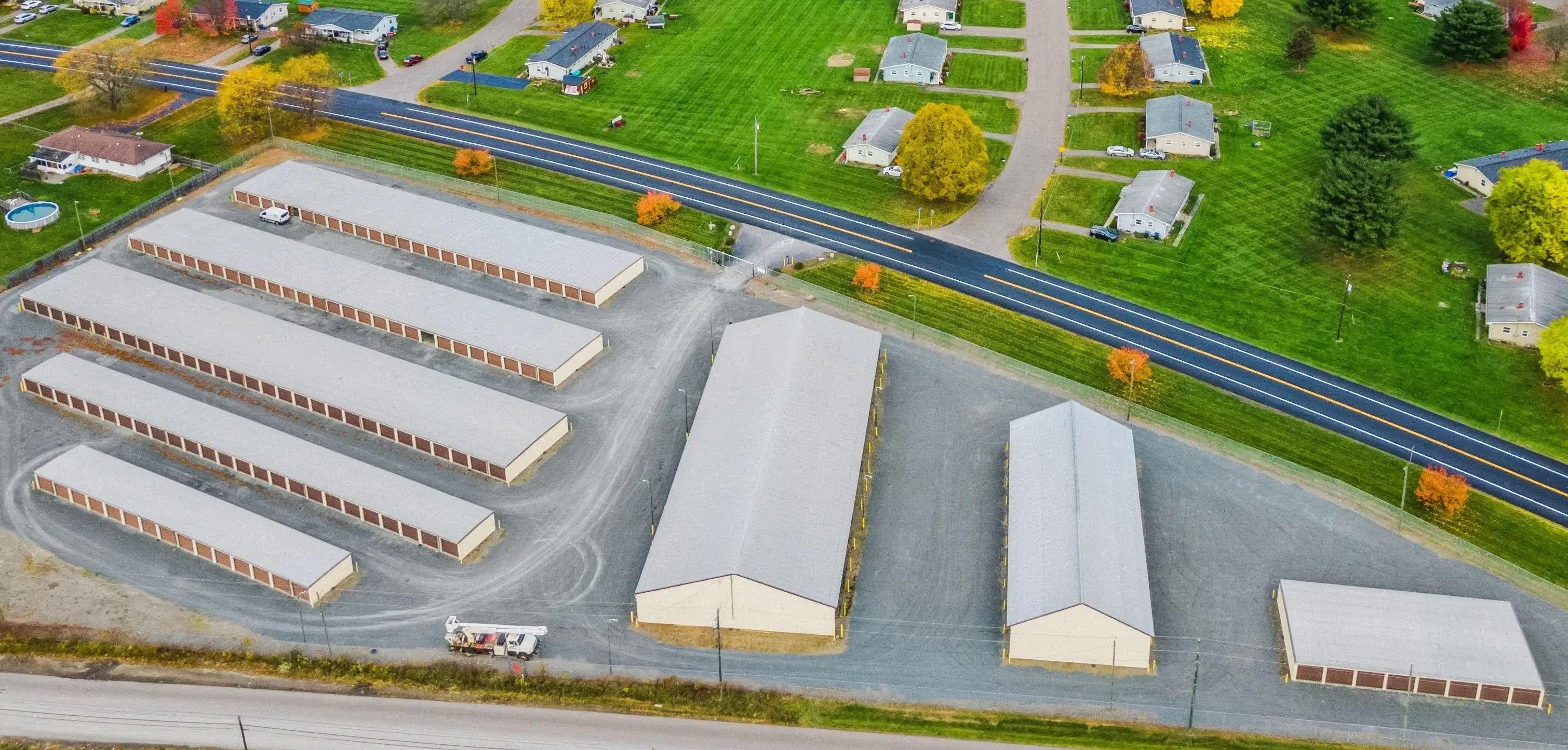 Aerial view of a storage facility with multiple units and a variety of storage options